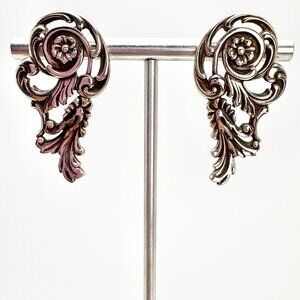 Intricate Floral Scroll Stud Earrings VTG Sterling Silver 925 Size 1.5" Length